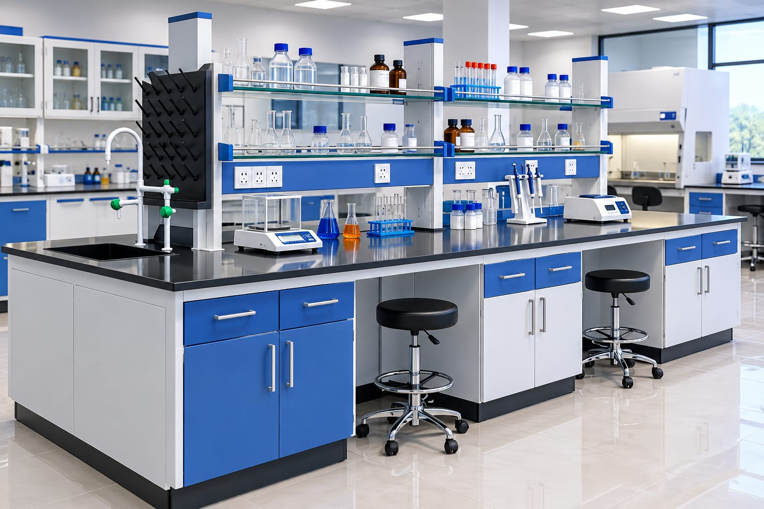 Modern Laboratory Workbench with Storage Cabinets, Shelving, Sink and Electrical Provisions